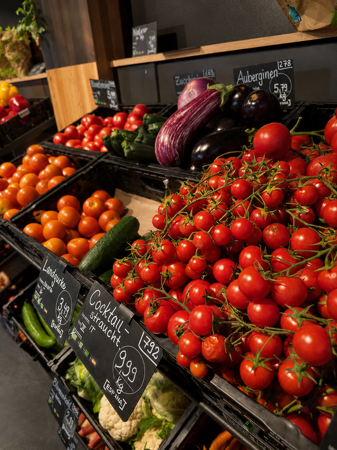 Tomaten, Gurken und Auberginen in der Gemüseauslage