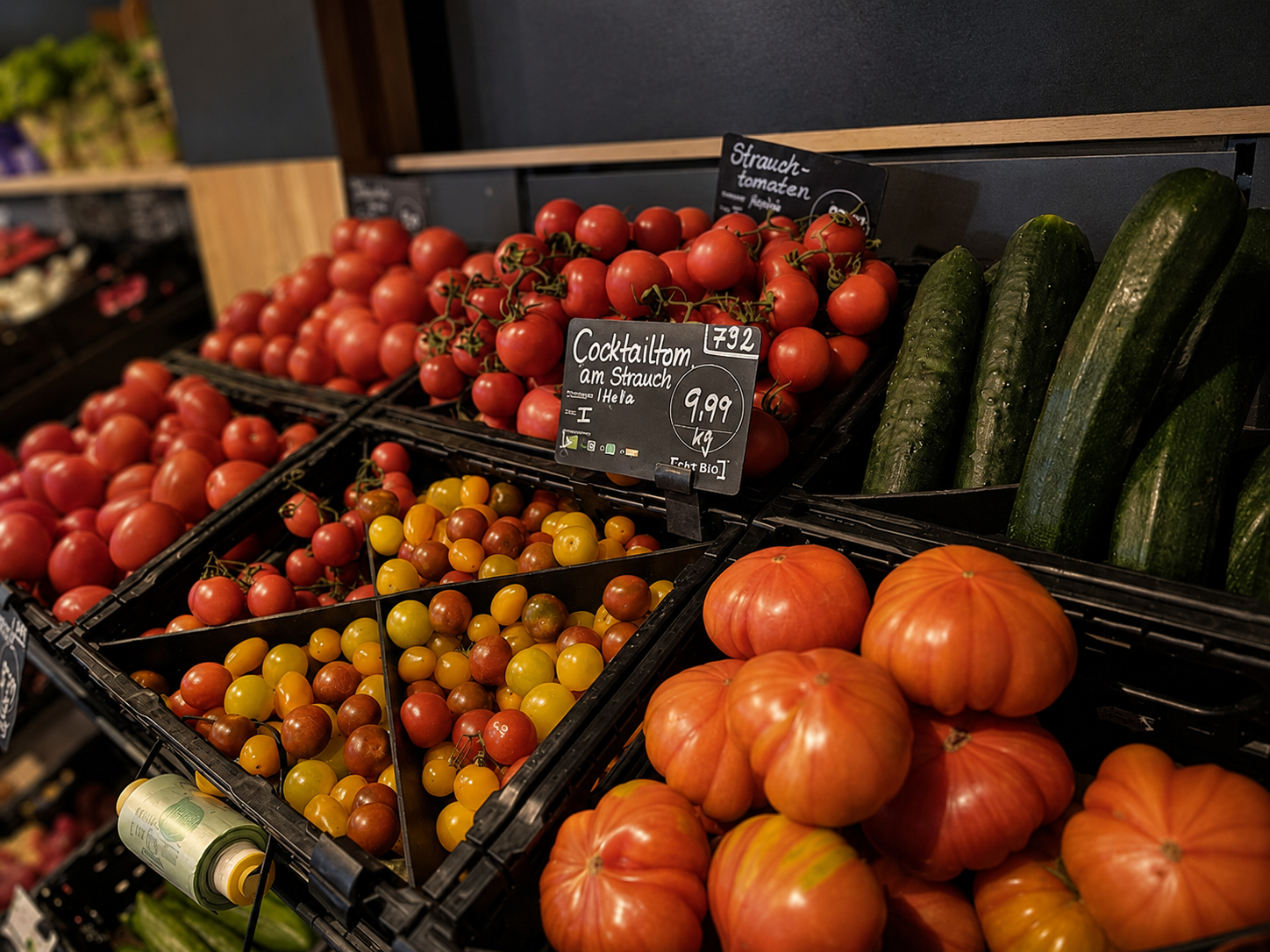Verschiedene Tomatensorten und Gurken